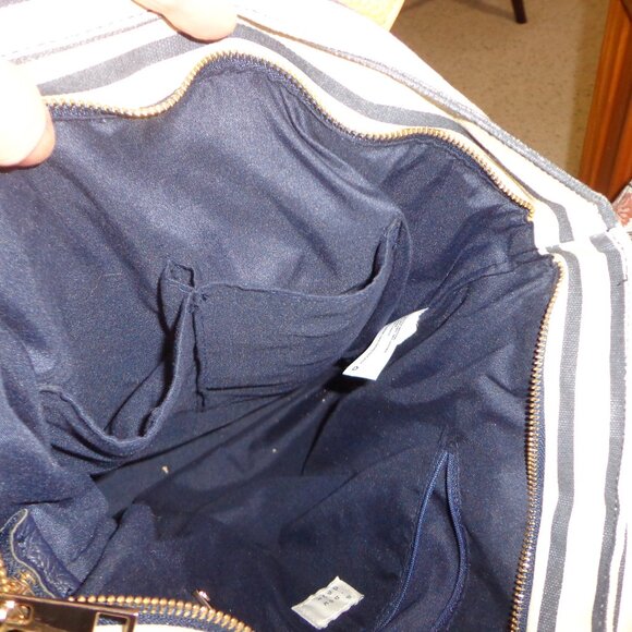 a new day Striped Handbag Double Handles Zip Closure Navy/Cream Pockets - Picture 5 of 8